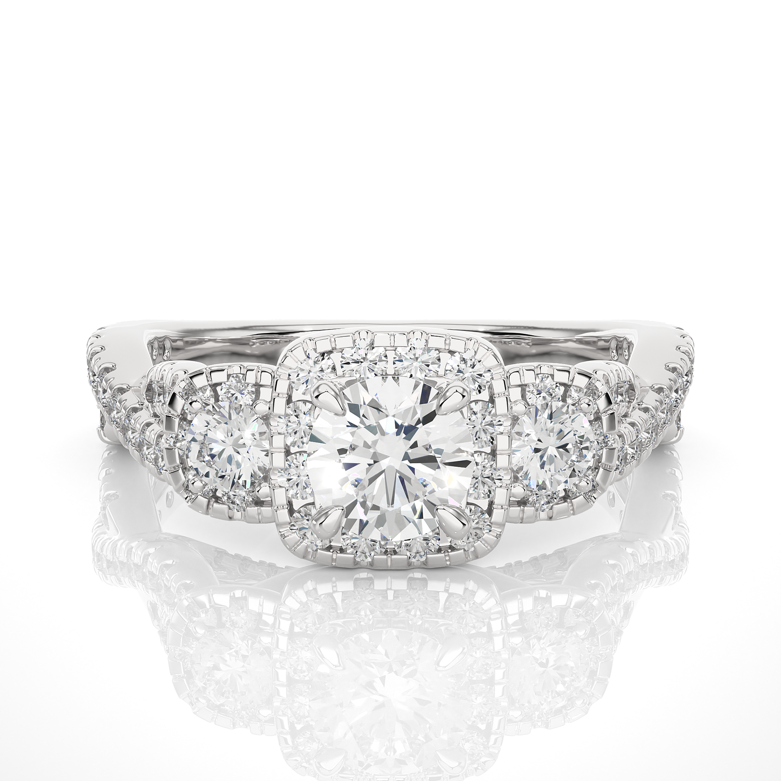 Halo-Set Three-Stone Diamond Engagement Ring